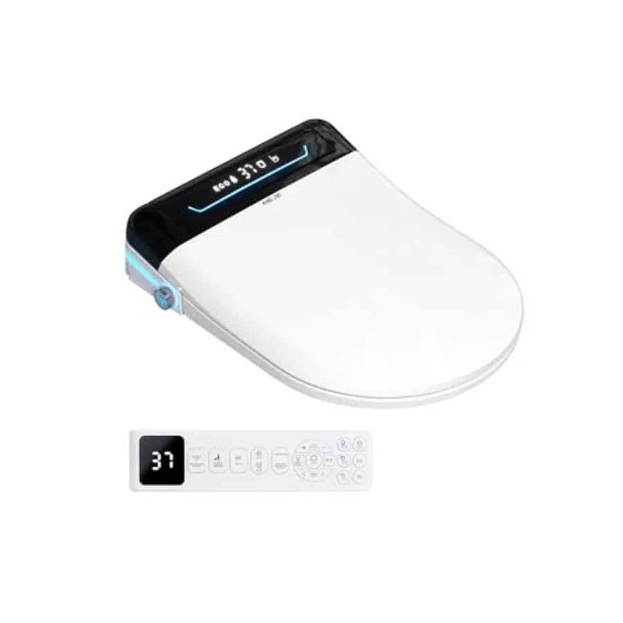 

Electric bidet seat for elongated toilets: white, ABS plastic, auto open/close, heated seat, LED display, remote control