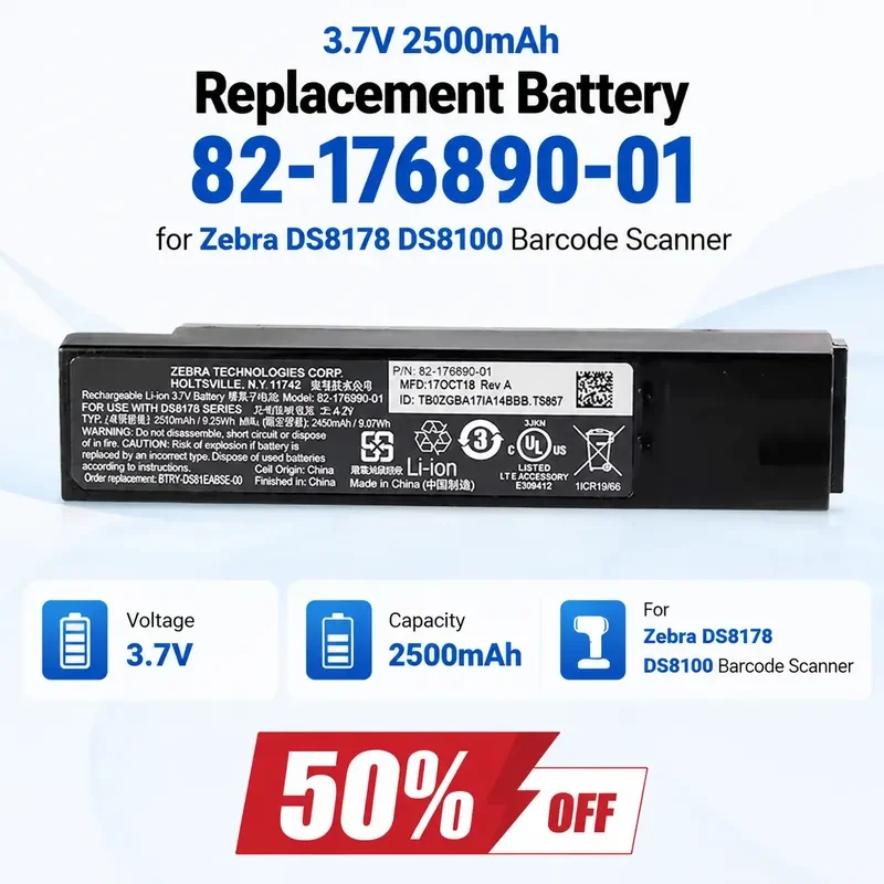 3.7V 2500mAh Replacement Battery 82-176890-01 for Zebra DS8178 DS8100 Barcode Scanner