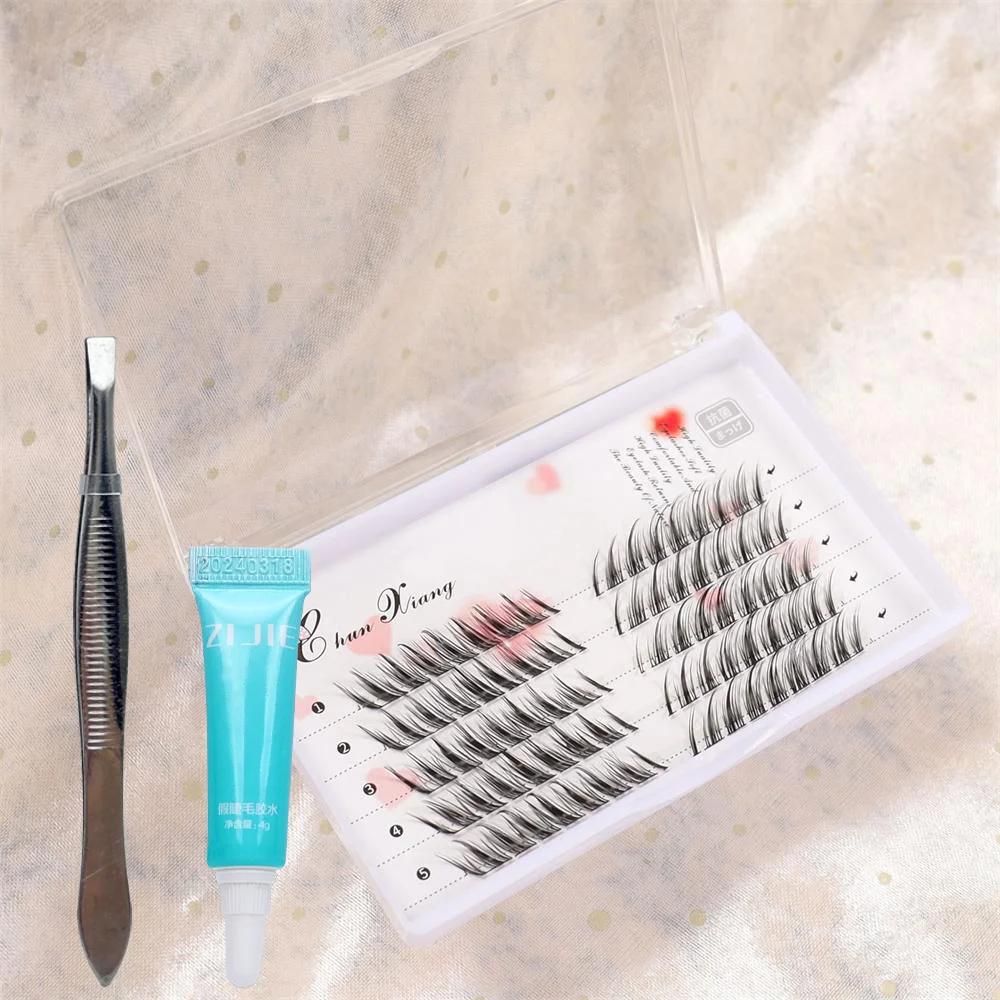5-reihige flauschige falsche Wimpern aus Nerz + Wimpernkleber + Wimpernzange, flauschige gestreifte Wimpern, falsche Wimpern im Anime-koreanischen Make-up