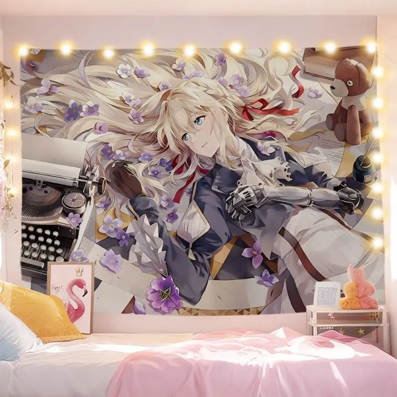 VIKAMA Violet Evergarden Anime Kawaii Aesthetic Tapestry Cartoon Wall Hanging Teen Dorm Bedroom Otaku Room Home Polyester Cloth