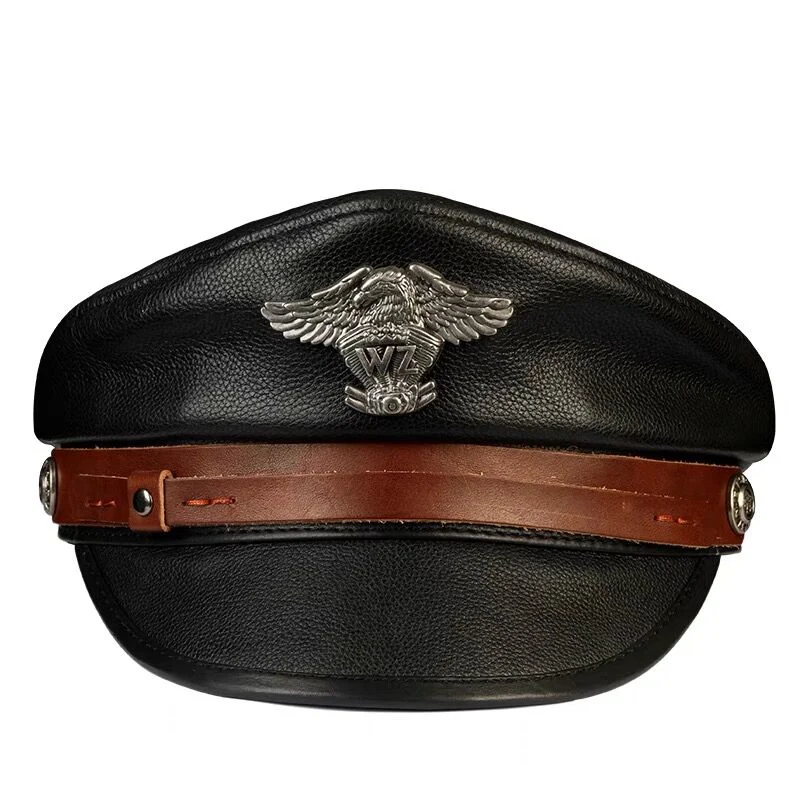 German Eagle Mark Belt Buckle Punk Military Cap Man Genuine Leather Cowhide Flat Top Hat Korean Fashion Locomotive Casquette