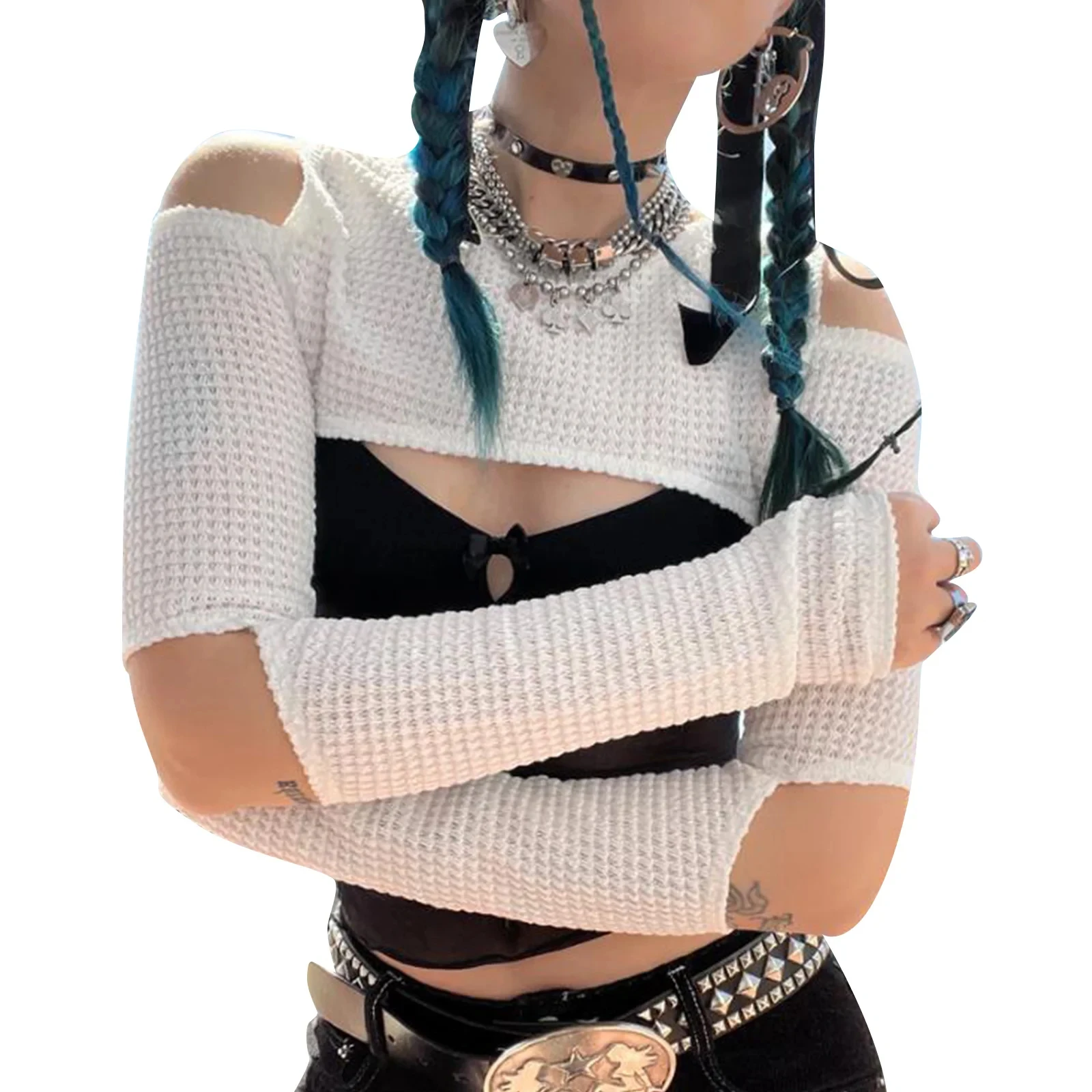 Y2k Gothic Top letnie kobiety wydrążone na zimne ramiona z długim rękawem Crop shirt 2000s estetyczne ubrania Streetwear E Girl