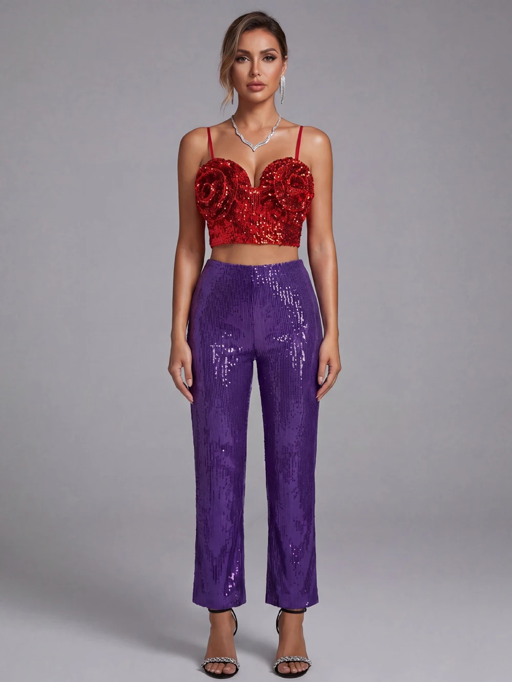 

European And American Style Personalized Top High-End Set Red Rose Suspender Sexy Slimming Sequin Evening Dress