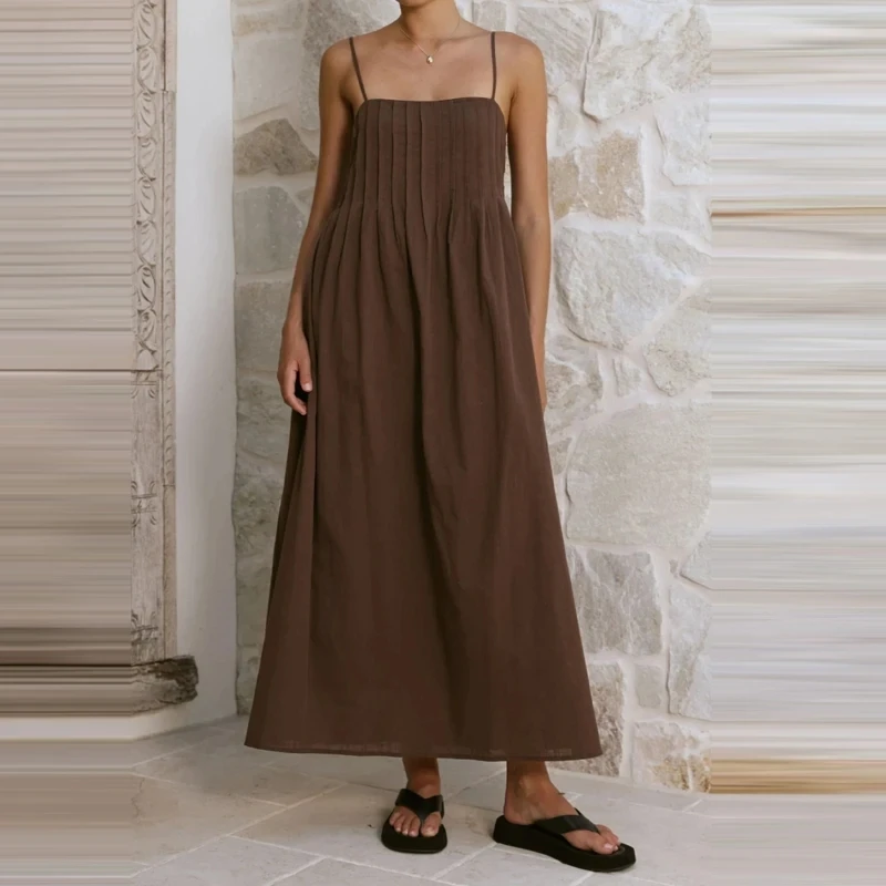 

Lady Simple Commute Pleat Maxi Dress 2026 New Fashion Spaghetti Strap Solid Color Dress Summer High Waist Sleeveless Party Dress