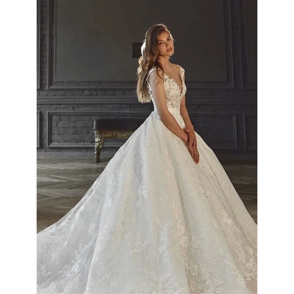 

Customized Classic A Line Floor-Length Wedding Dress Sexy Deep V Neck Lace Appliques Bridal Gown Bride Dress Vestido De Novia