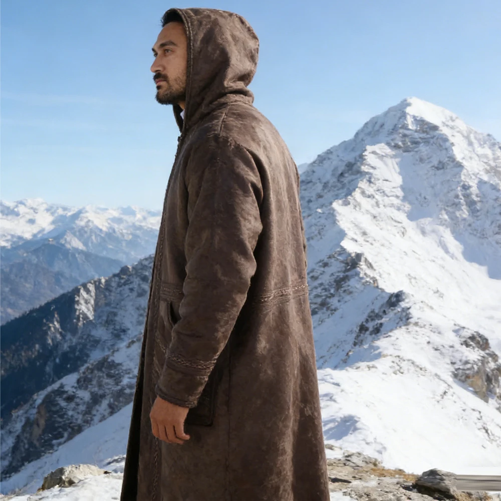 

Новое зимнее утолщенное замшевое бархатное мужское мусульманское длинное пальто для молитвы, теплый кардиган с карманами и капюшоном, кимоно Абая, флисовый кафтан