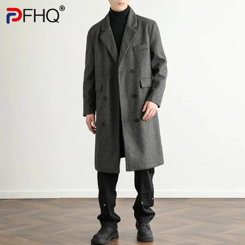 PFHQ Medium Long Woolen Coat Men 2024 New Spring Autumn Cotton Windbreaker Solid Color Long Sleeve Male Tops Fashion 21Z6018