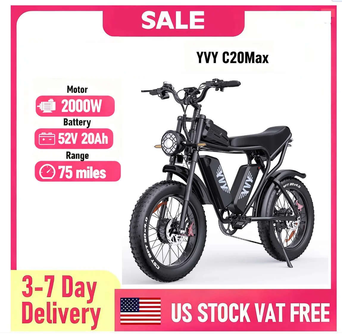 

YVY C20Max(Q20 Pro) 20" Fat Tires Electric Bikes 2*1000W Motor 52V 20Ah Dual Battery