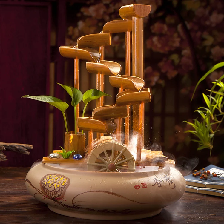 

New Chinese ceramic running water fountain water feature lucky feng shui wheel creative bamboo running water table office orname
