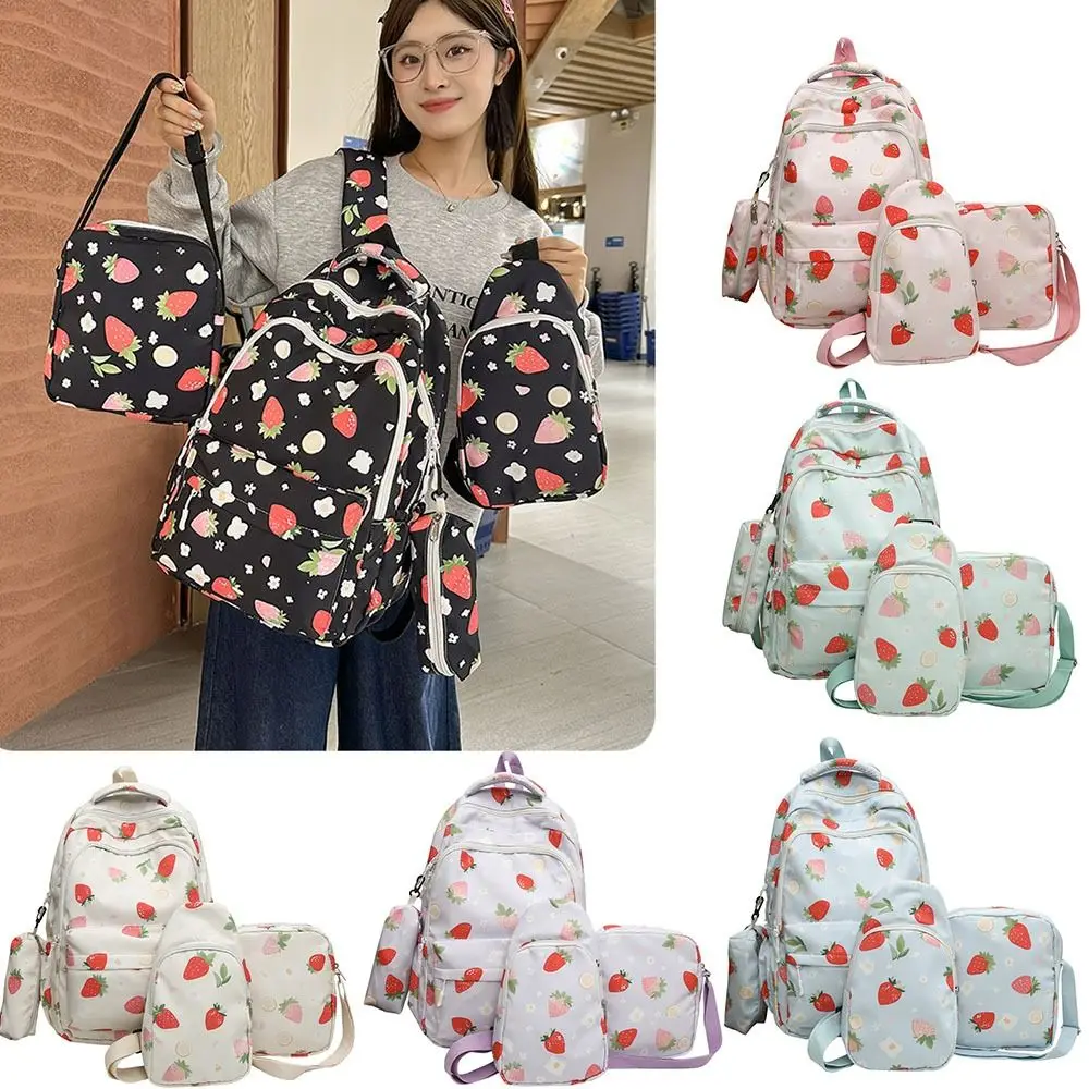 4Pcs/Set Cute Strawberry Print Backpack Large Capacity Nylon School Bag Laptop Backpack Studeng