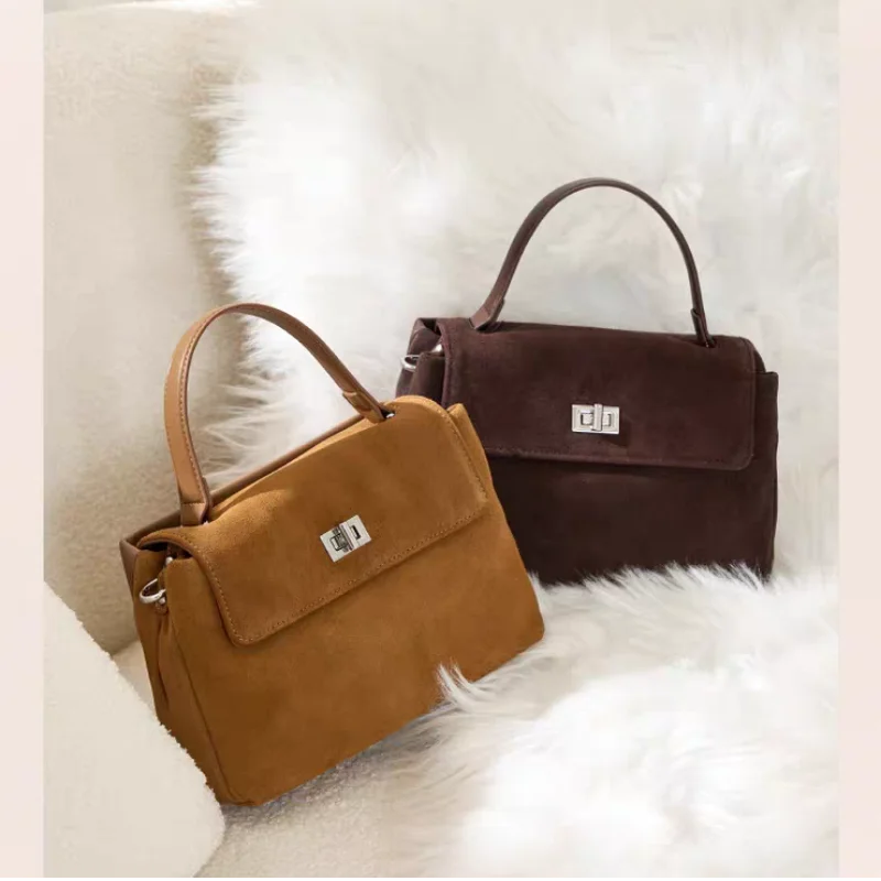 

Brand Frosted Suede Women Bag, Elegant One-shoulder Lock Closure Handbag, Large Capacity Leather Crossbody Bag For Commuting Bag