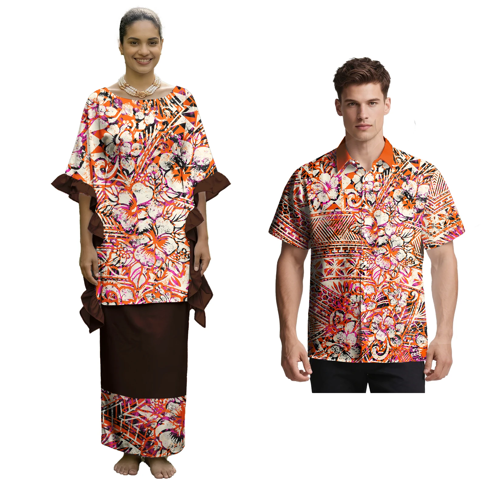 Polynesian Couple Sweet Match Outfits Aloha Casual Men Shirts Women Flounce Sleeve Samoan Puletasi 2 Piece Custom Couple Clothes view 4