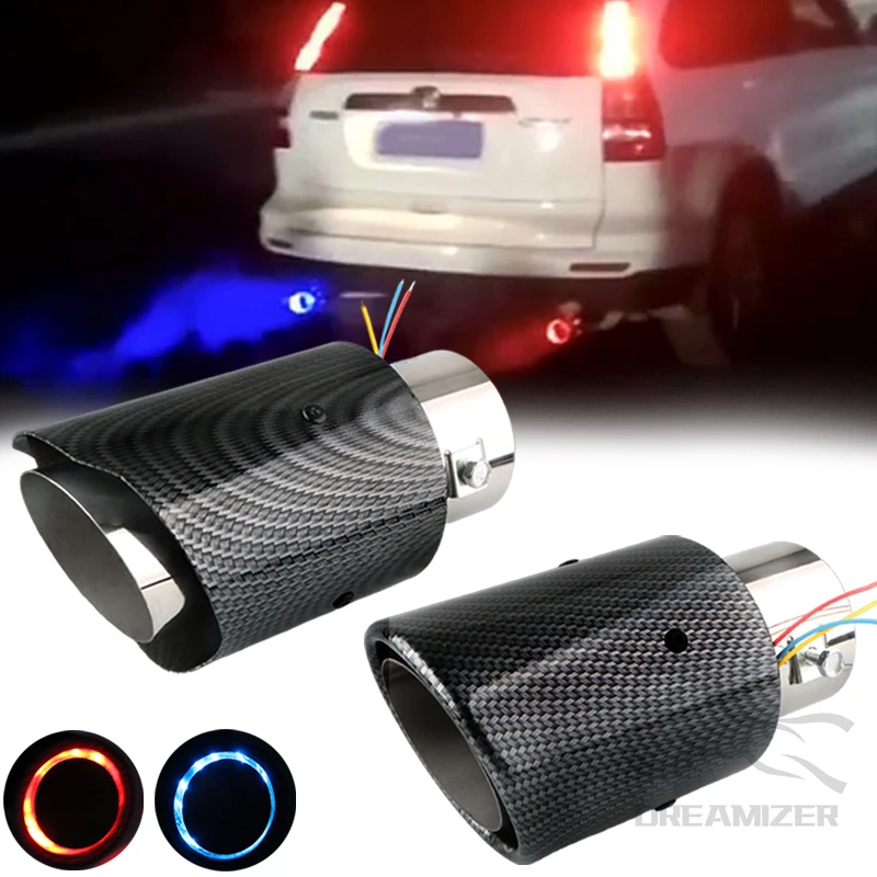 Universal 63-65mm Car Muffler With LED Flashing Decorative Light Flaming Luminous Motorcycle Exhaust Pipe Tail Vent Carbon Fiber