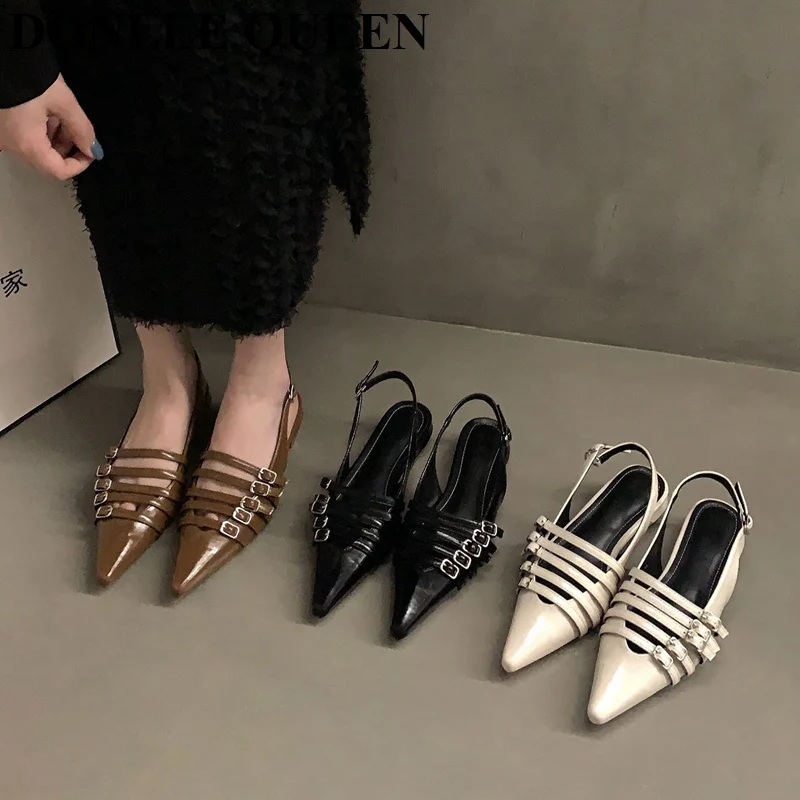 2023 New Fashion Pointed Toe Flat Heels Sandals Women Female Mule Slip On Slide Brand Narrow Band Ankle Strap Ladies Shoes Mujer