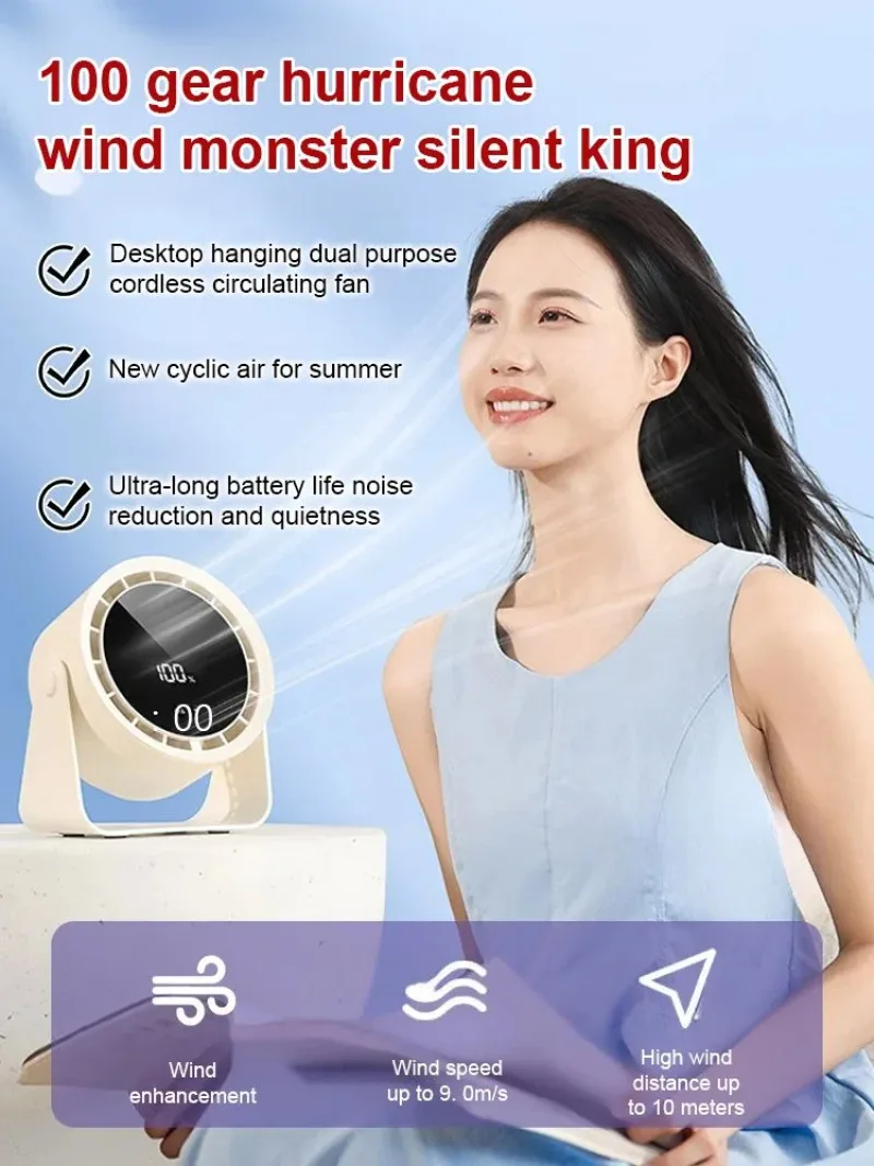 

Турбинный мини-вентилятор Настольный вентилятор с шумоподавлением, бесступенчатая смена скорости, длительный срок службы батареи. Используйте во время зарядки. Семья.