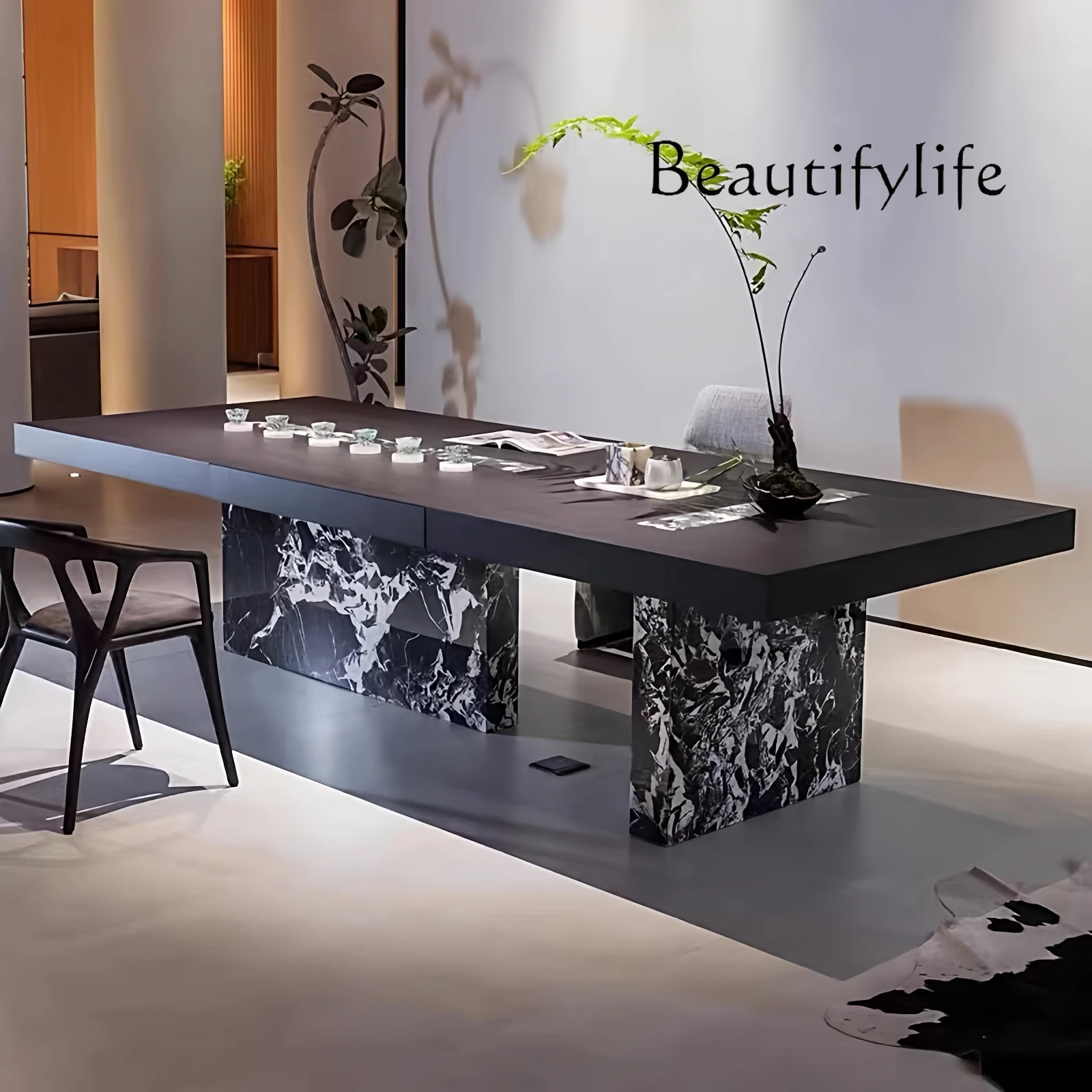 Italian minimalist solid wood designer villa simple marble tea table black and white flower creative dining table advanced