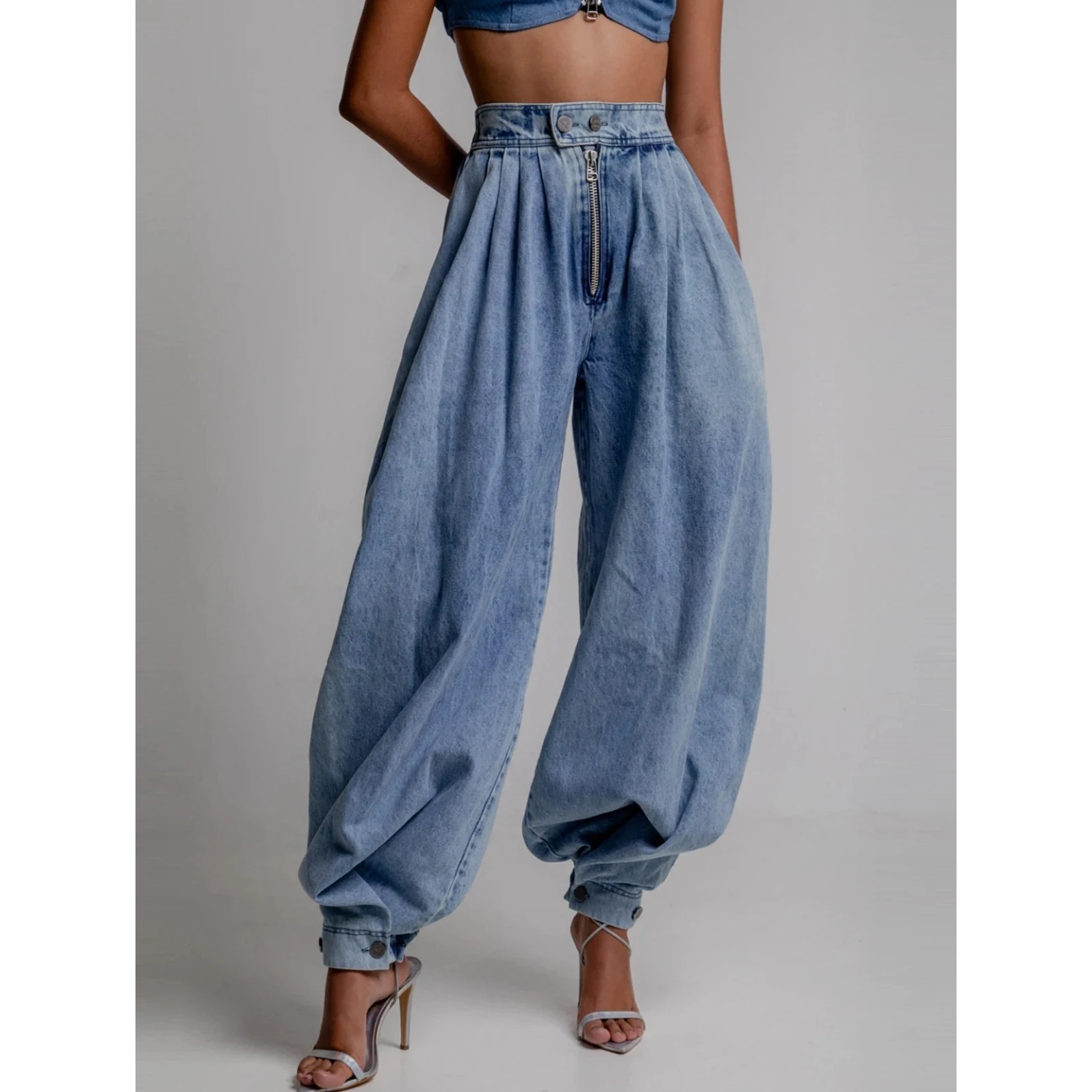 High Waist Loose Fit Zipper Cuffed Denim Pants Vintage Casual Trousers for Women New Arrival Summer Cross-Border Fashion