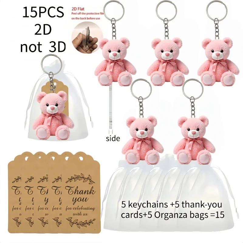 5Sets Cute Pink Bear Keychain Includes 2D Acrylic Ornament & Thank You Cards & Organza Bags Car Rearview Mirror Decoration Gifts