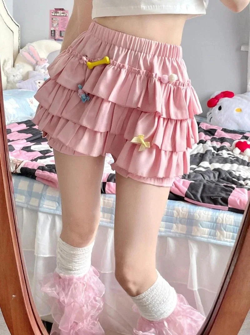 Y2K Sweet Ruffles Mini Skirt Women Kawaii Lolita Bow A Line Skirts Harajuku Japanese High Waist Pink White Ball Gown Skirt image 6