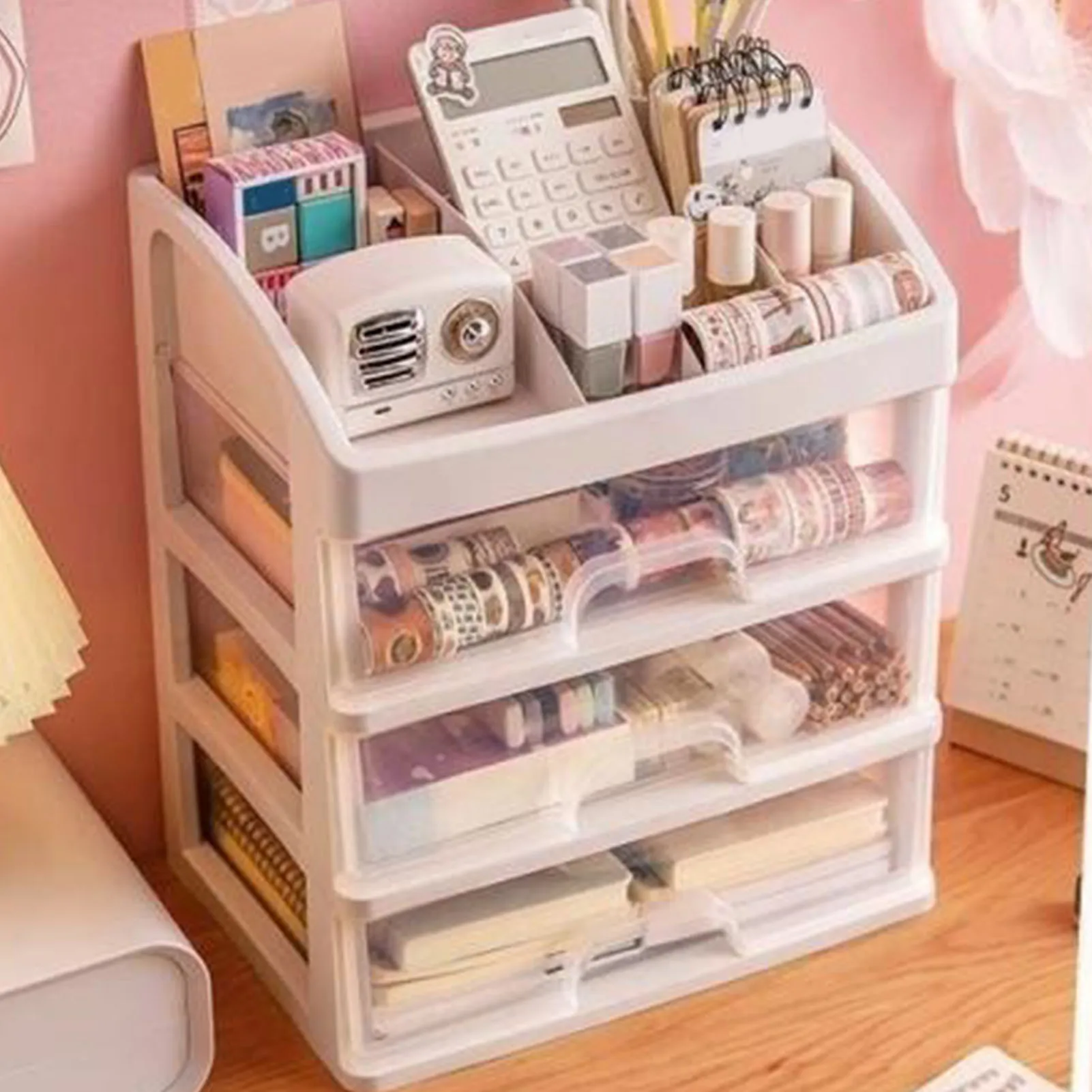 Desk Organizer with 3 Drawers 4 Tier Plastic Transparent Desktop Stationary Storage Box for Home Dorm  Desktop Storage Box