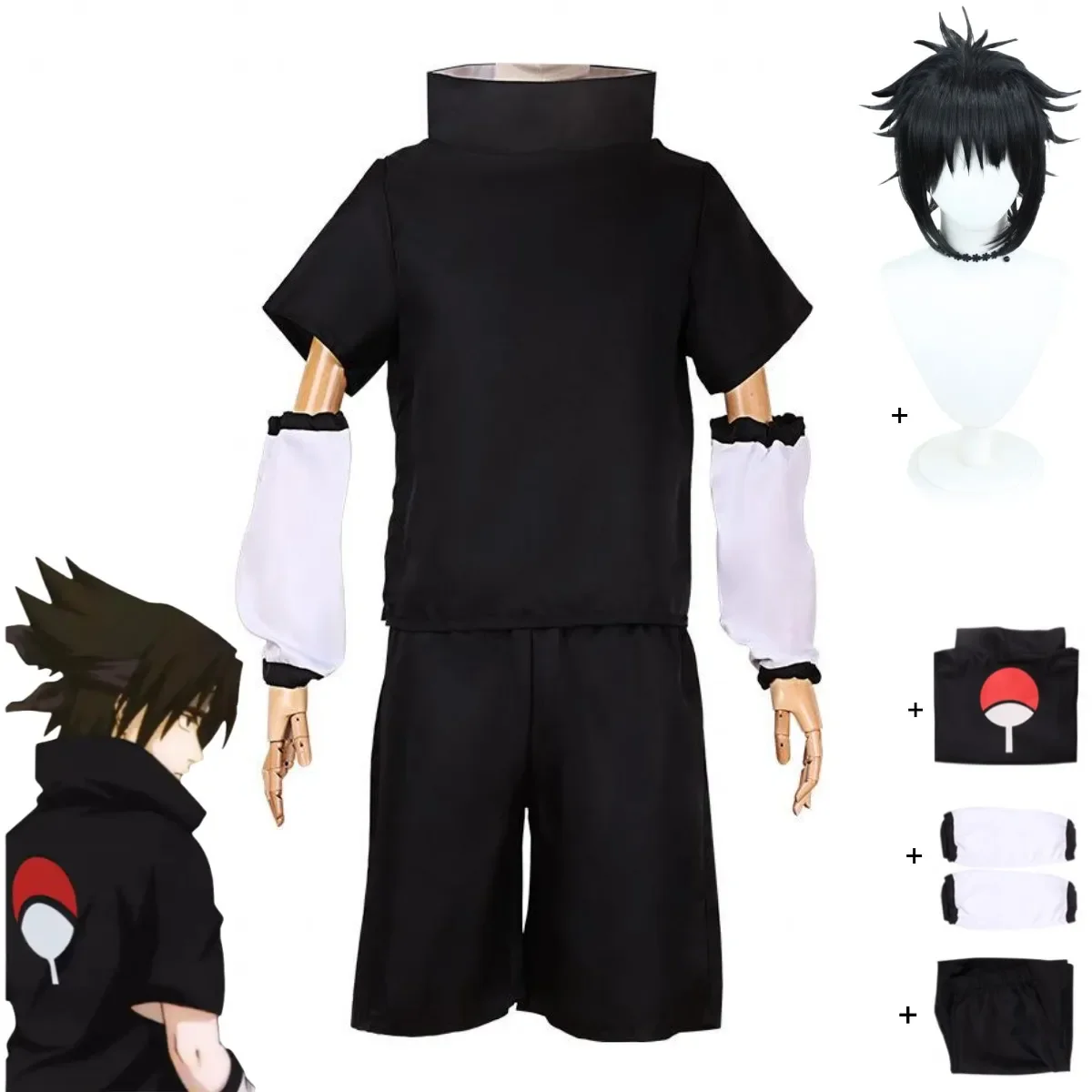 

Anime Uchiha Sasuke 2nd Generation Cosplay Costume Summer Black Short Sleeve T-shirt Wig Adult Man Woman Christmas Party Suit