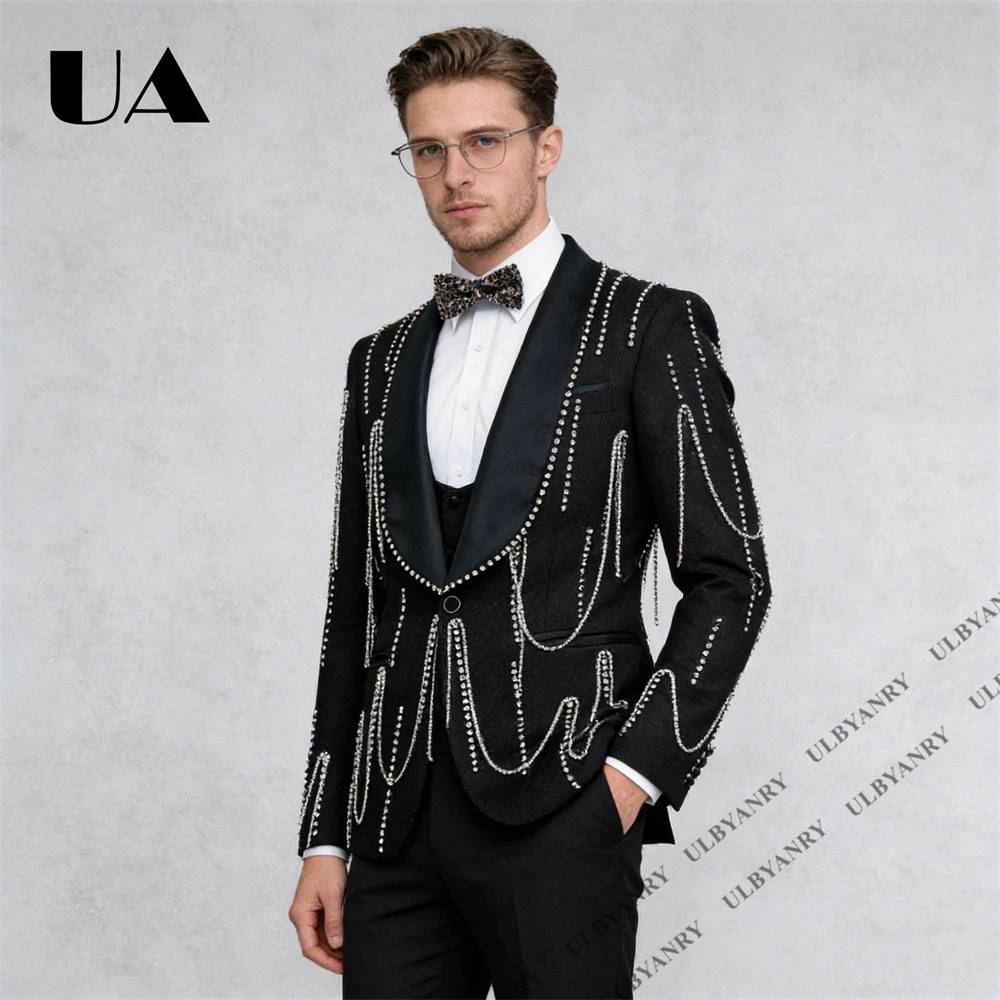 

ULBYANRY - Мужской костюм Slim Fit из 3 предметов для свадьбы и вечеринок, с узором из страз и цепочек, с шалевым воротником, для выступлений на сцене