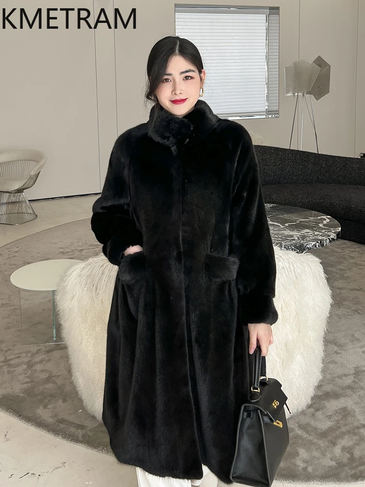 معطف فرو منك كامل طبيعي 100% من KMETRAM ملابس نسائية مخملية باللون الأرجواني سترة طويلة من الفرو 2025 manteaux hiver فام #5
