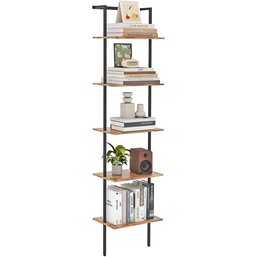 

5-Tier Ladder Shelf, Wall Mounted Ladder Bookshelf with Metal Frame, Wood Tall Open Storage Rack and Display Shelves for Home Of
