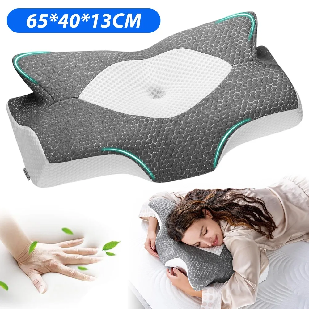Oreiller cervical en mousse à mémoire de forme, oreiller ergonomique pour dormeurs sur le dos, sur le côté et sur le ventre, housse lavable et rafraîchissante, oreiller cervical en mousse à mémoire de forme en forme de papillon avec découpe, oreiller en mousse à mémoire de forme en forme de papillon, housse amovible