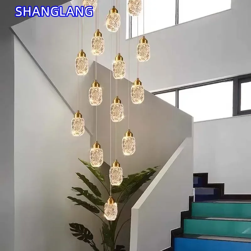 Modern LED Crystal Chandelier for Staircase Living Room Luxury Creative Design Hallway Villa Gold Hanging Light Long Indoor Lamp