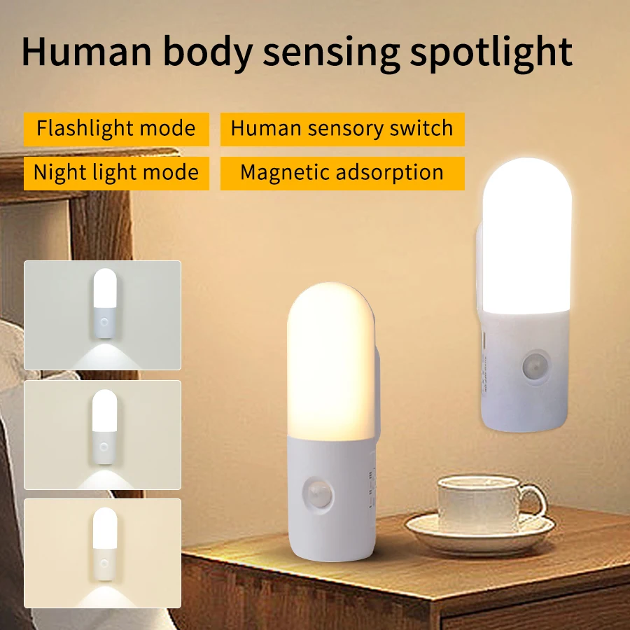 

Датчик движения 2 в 1, светодиодный ночник, перезаряжаемый 3-цветный настенный светильник, беспроводной магнитный прожектор для спальни, коридора и лестницы