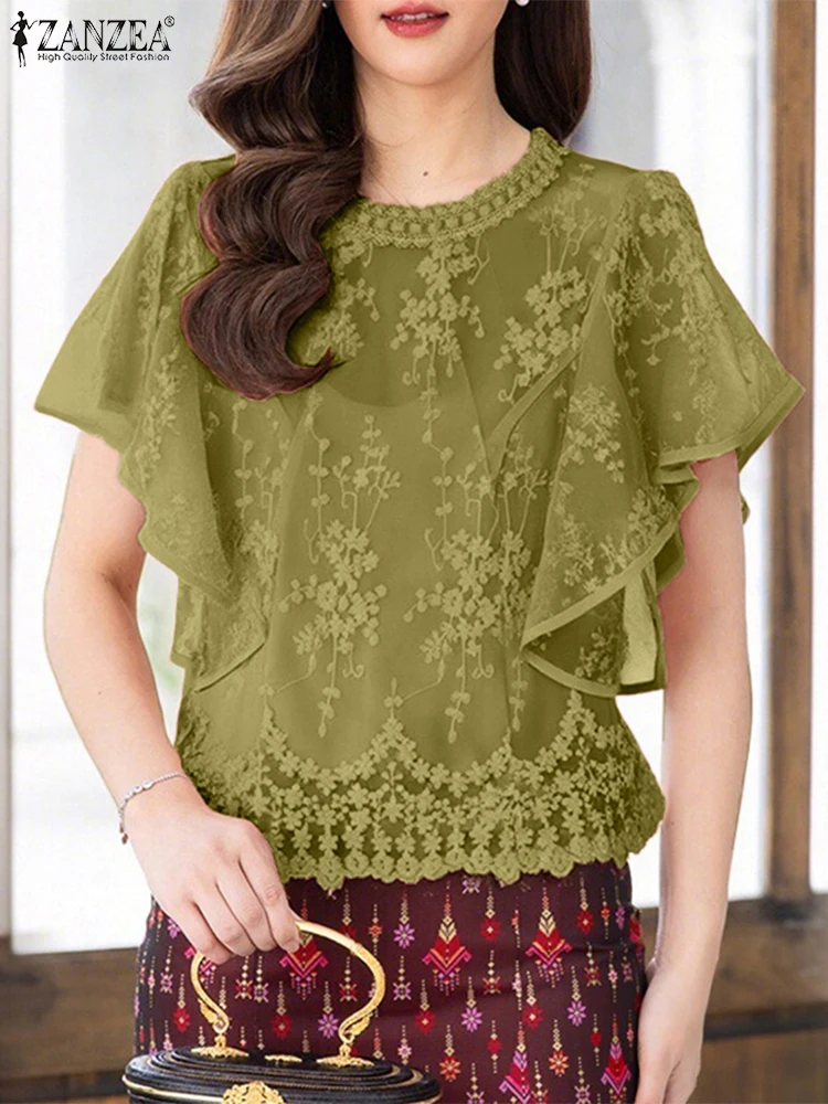 ZANZEA ผู้หญิงเย็บปักถักร้อยเสื้อฤดูร้อนลูกไม้ Patchwork เสื้อลําลองหลวมแขนค้างคาวปีกเสื้อ 2025 Vintage Patchwork Tunic