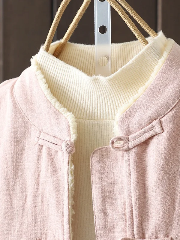 

Thiened Хлопково-льняное осенне-зимнее женское традиционное китайское пальто для чайной церемонии с воротником-стойкой и пуговицами...