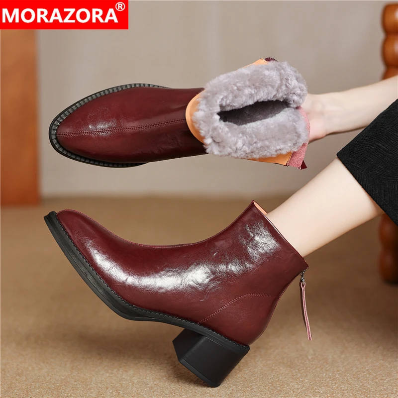 

MORAZORA 2026 New Genuine Leather Boots Women Zipper Chunky High Heels Ankle Boots Nature Wool Warm Winter Boots Ladies Shoes