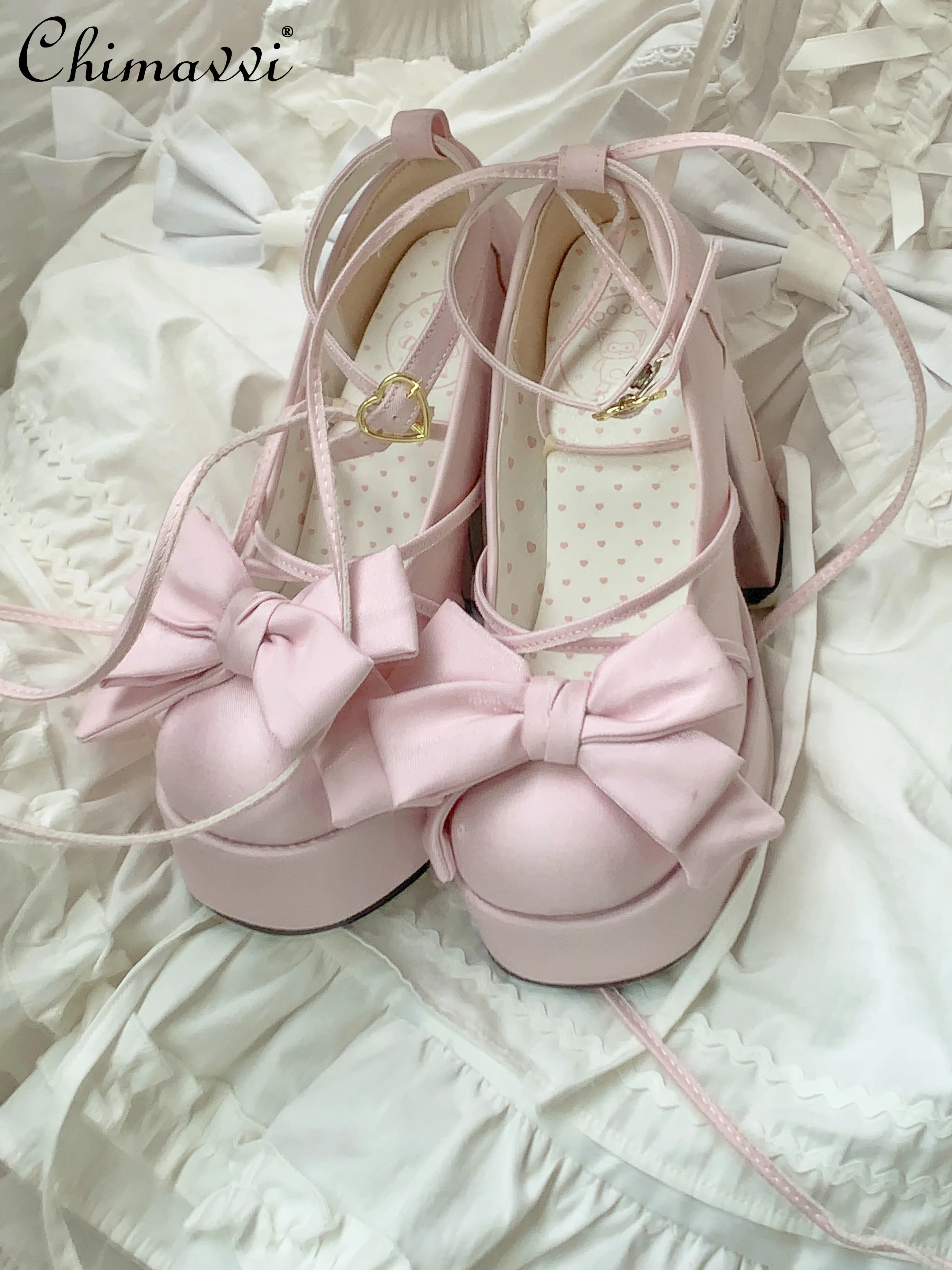 

Original Cute Bow Elegant Waterproof High Heels Spring and Autumn New Sweet Girl Princess Style Lolita Ballet Strap Women Shoes