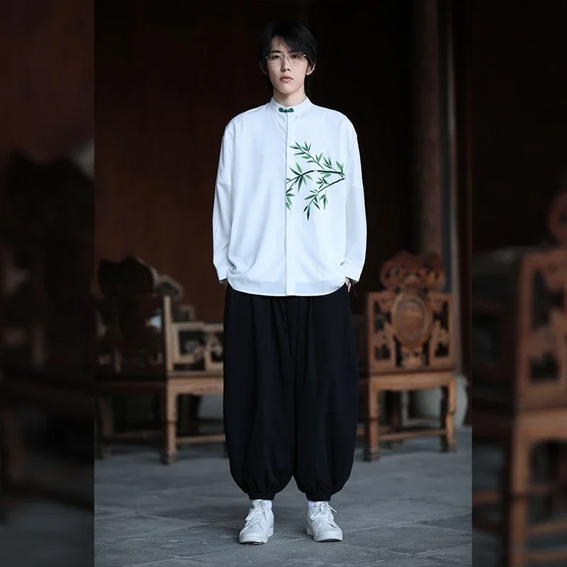 قميص الحرير الجليد الرجال الخيزران طباعة النمط الصيني مريح تنفس قميص Vintage رجالي الصيف عادية فضفاضة تناسب ملابس علوية الرجال