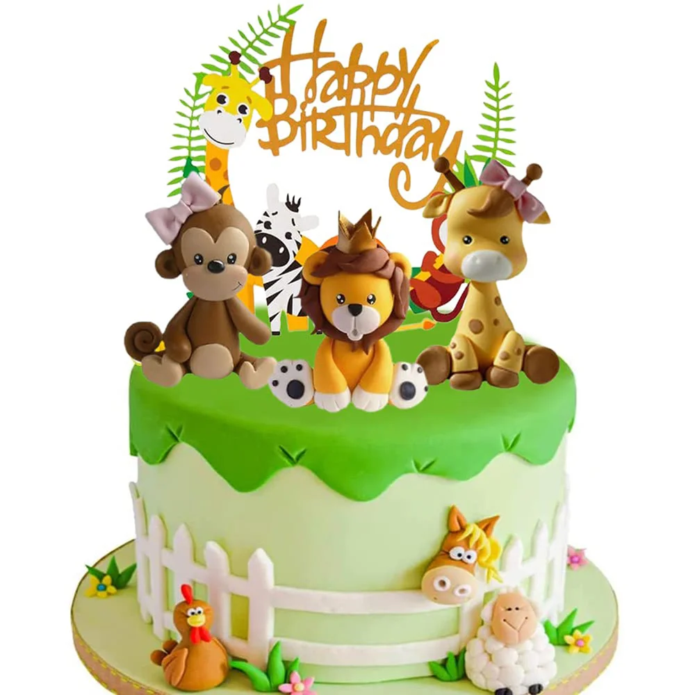 

Cake Decoration 1st Birthday for Baby Children Jungle Animals Giraffe Lions Monkey Figures Forest Animals Cake Toppers