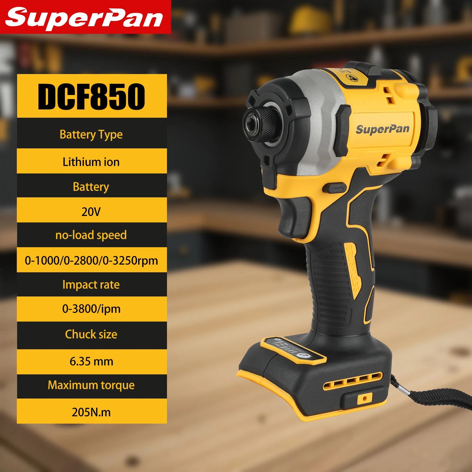 

SuperPan DCF850 3250RPM High Speed Brushless Impact Drill Cordless 205N·m for DeWalt 20V battery pin