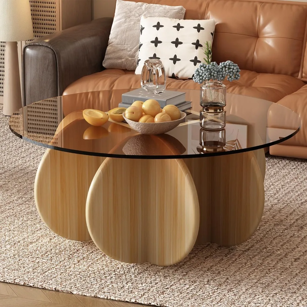 Round Coffee Table with Tempered Glass Top, Modern Center Table for Small Spaces - Sturdy Walnut Board Frame, Simple Design