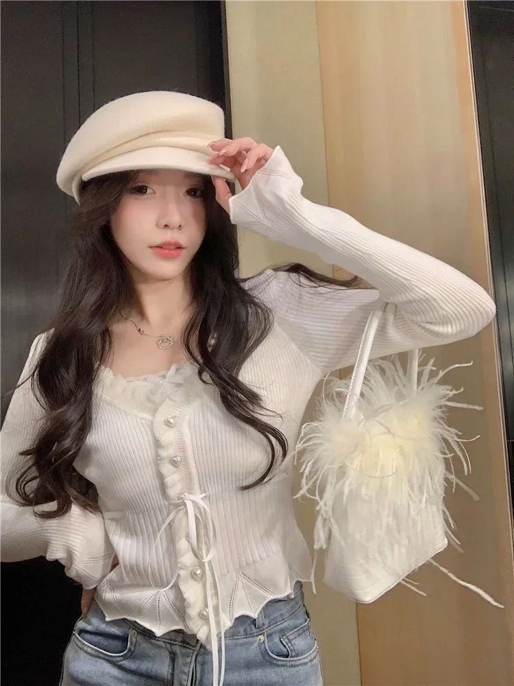 Sweet Fresh V-neck Lace Patchwork Tops Women Autumn Bandage Ruffles Sweaters Harajuku Slim Fit Long Sleeve Knitted Cardigan