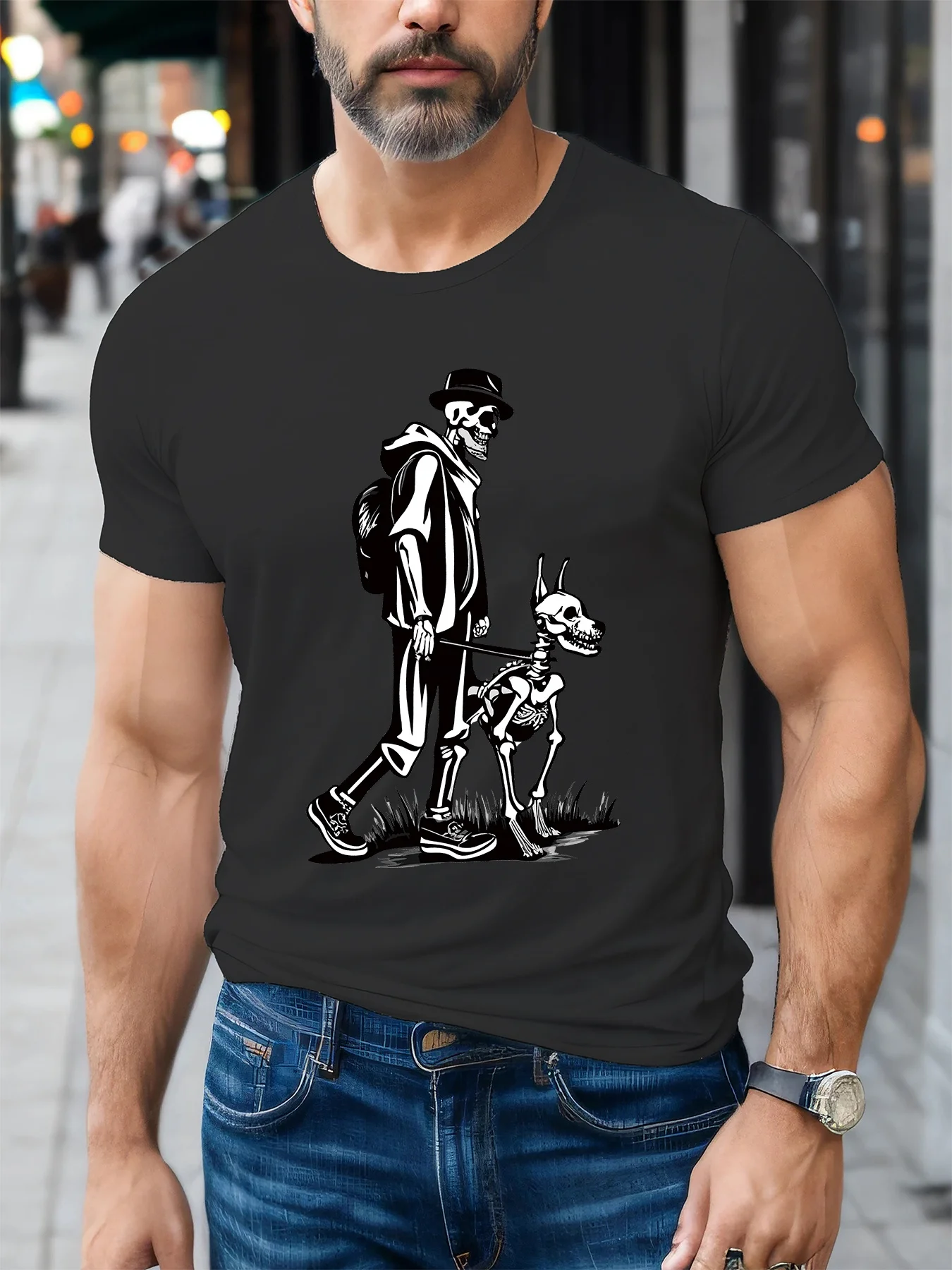 

Human & Dog Skeleton Print T-Shirt 100% Cotton O-Neck Short Sleeve Summer Casual Mens T-shirt Streetwear