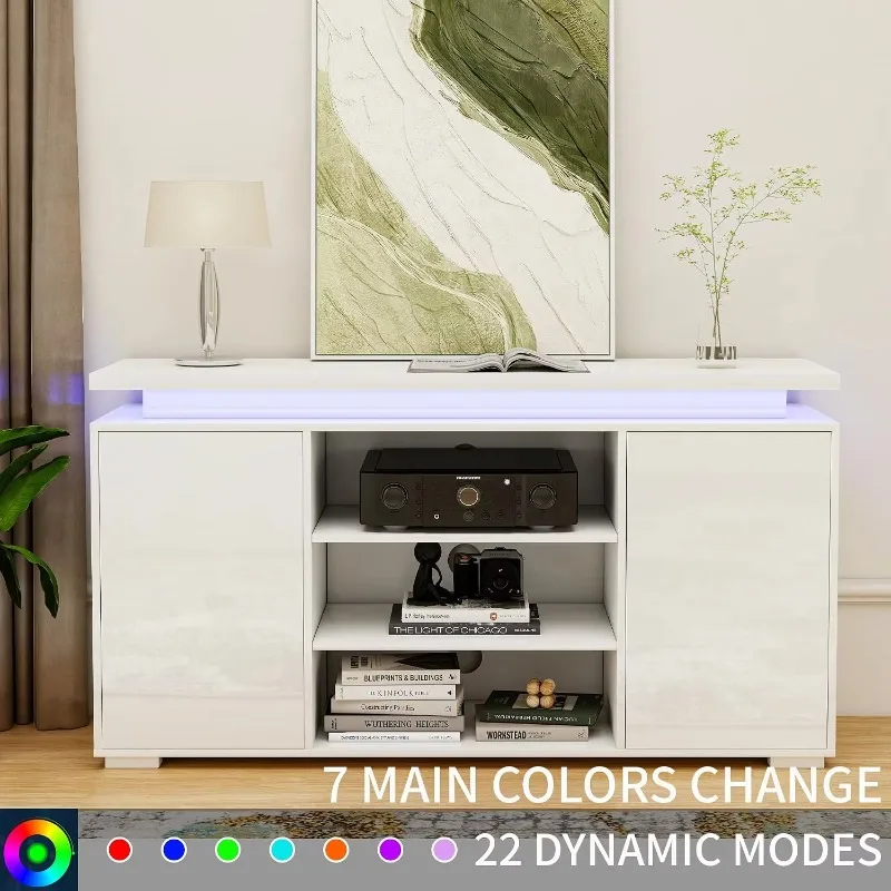 ^TV Stand High Gloss with LED Lights for TVs up to 60-Inch,White | fits TVs up to 60