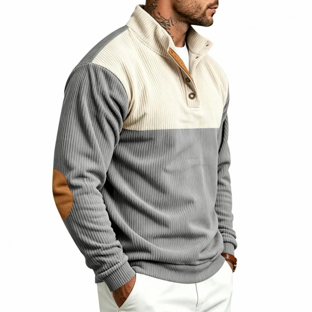 Color Block Men's Corduroy Sweatshirt with Stand Collar Half Button Front and Medium Elasticity for Summer Use