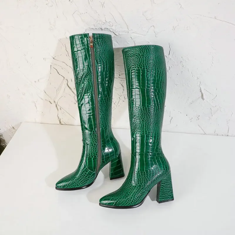 ZawsThia green yellow boots for woman snake skin PU leather block high heels zipper womens winter boots knee high long boots image 5