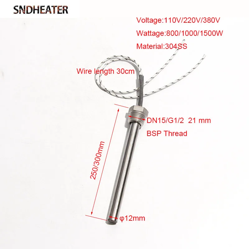 SNDHEATER 1pc Thread Cartridge Heater DN15/21mm Single Head Heating Pipe 12x250-300mm 800-1500W for Rubber Industry