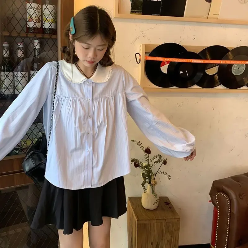 النمط الياباني قمصان مخططة النساء الكورية موضة لطيف المرقعة البلوزات طويلة الأكمام بيتر بان طوق بلايز عادية