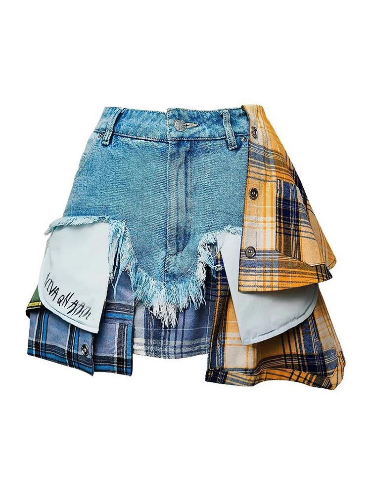 

Summer Women Korean Kpop Baddie Style Plaid Mini Denim Skirt Asymmetrical Design Gyaru Coquette Harajuku 2000s Cyber Punk Y2k