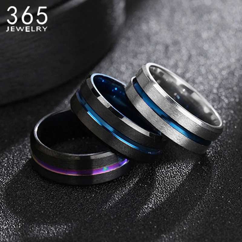 Fashion 8mm Stainless Steel Black Blue Line Ring For Men Steel Colorful Rings Boy Women Jewelry Gift кольца anillos