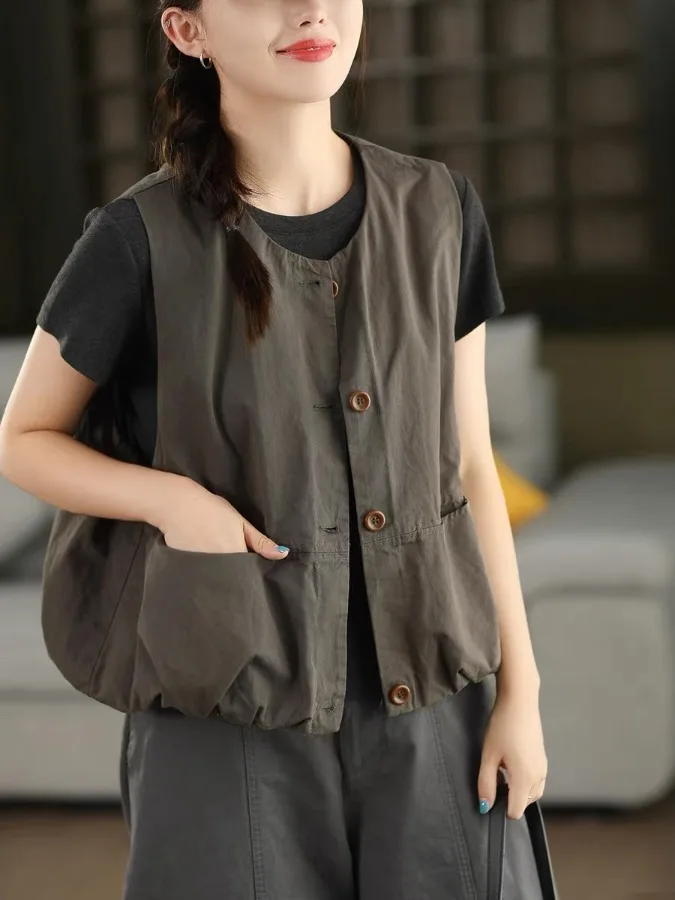 

Аутентичный 2023, весенне-осенний клетчатый открытый кардиган в клетку, свободный универсальный многослойный жилет из смеси натурального хлопка