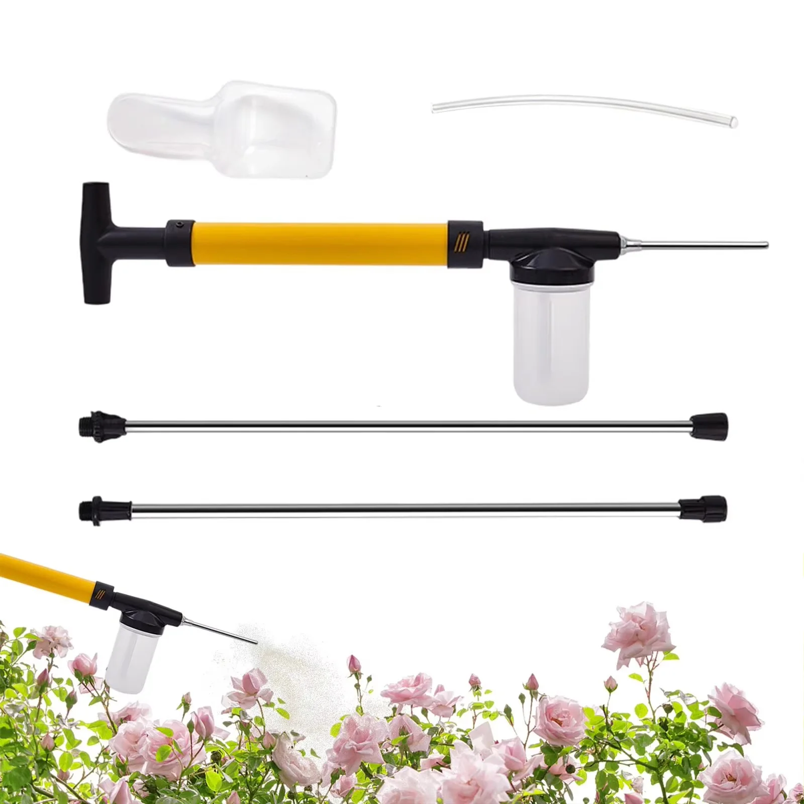 Handheld Pest Control Duster Clog-Resistant Long Reach Powder Duster with 2 Extension Pole Dispenser for Fleas Ticks Termites